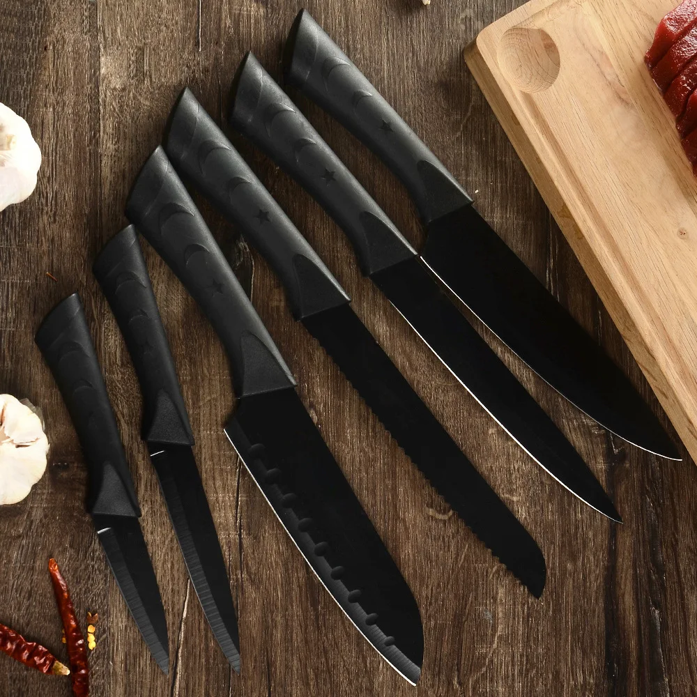 

Кухонные ножи из 6 предметов, рукоятка из черной пластиковой подковы, поварской нож из нержавеющей стали, острый многофункциональный нож