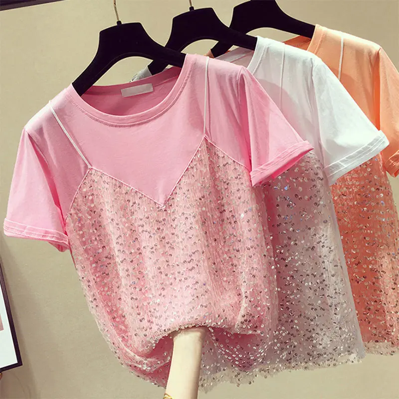 

2021 Spring And Summer New Large Size 100KG Short-Sleeved T-shirt Women's Cotton Korean Style Loose Top Bottoming Shirt