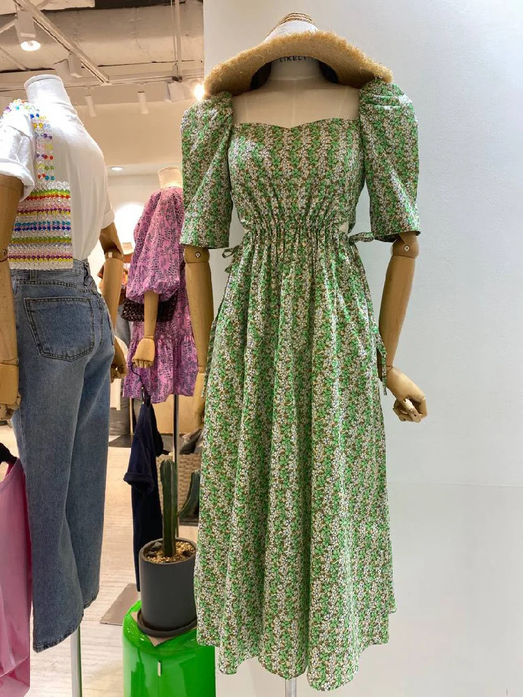 

2021 summer new sweet square collar floral folds waist short-sleeved dress women's skirt