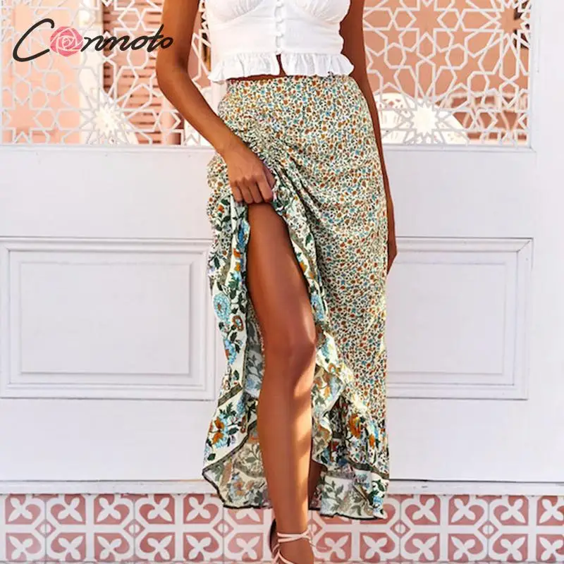 Conmoto пляжные Летние повседневные Цветочные женские юбки boho с оборками и принтом