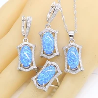 geometric blue opal silver color jewelry sets for women bridal necklace pendant earrings rings birthday gift box