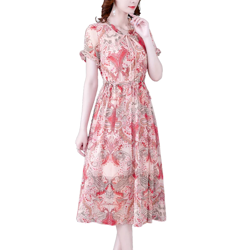

Red Boho Floral Chiffon Beach Midi Dress S-3XL Plus Size 2021 Summer New Vintage Print Dress Women Party Elegant Vestidos
