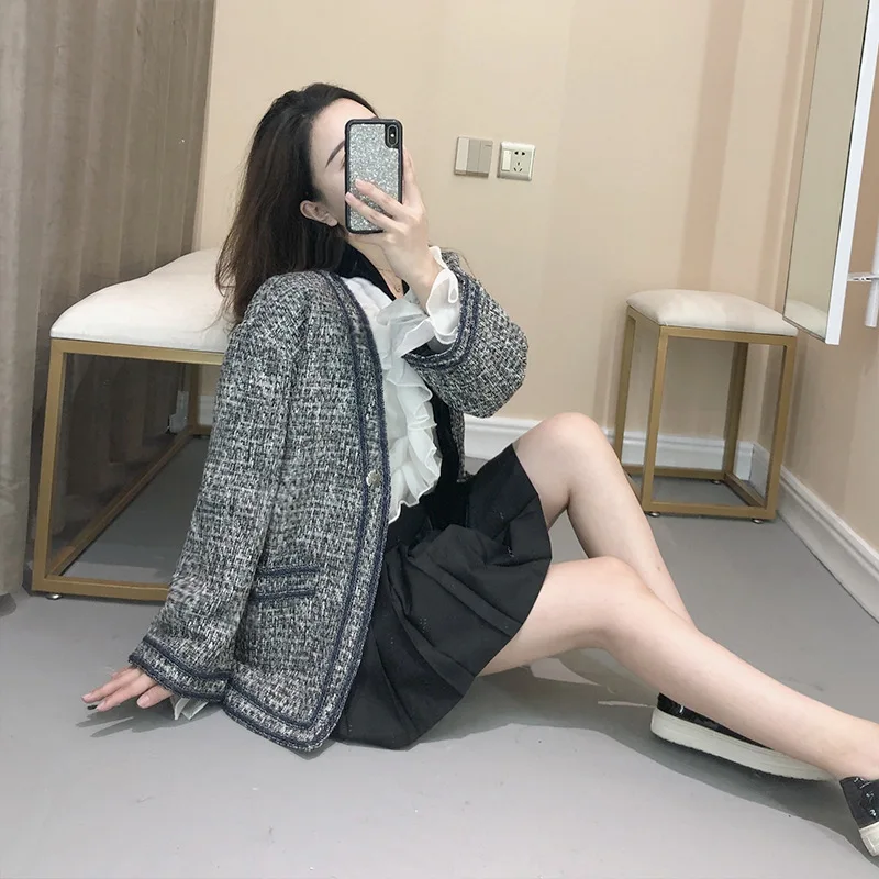 Серая льняная стеганая синяя тканая куртка на одной пуговице свободное Женское