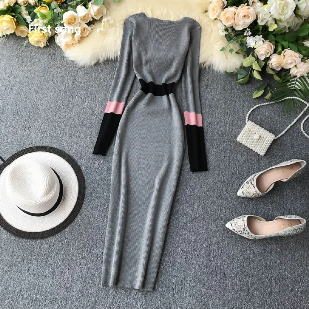 

First song Women's belt round neck knit sweater dress New2019 autumn long sleeve elegant stitching Bodycon women's long dress XL