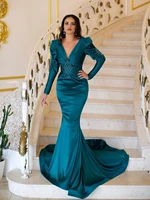 simple elegant mermaid evening dress deep v neck floor length full sleeves beaded dubai arabic prom dress plus size