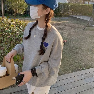 

Autumn Hoodied Women Heart Pattern korean fashion grey sweatshirts long sleeve female pullover tops 2021 new harajuku hip pop