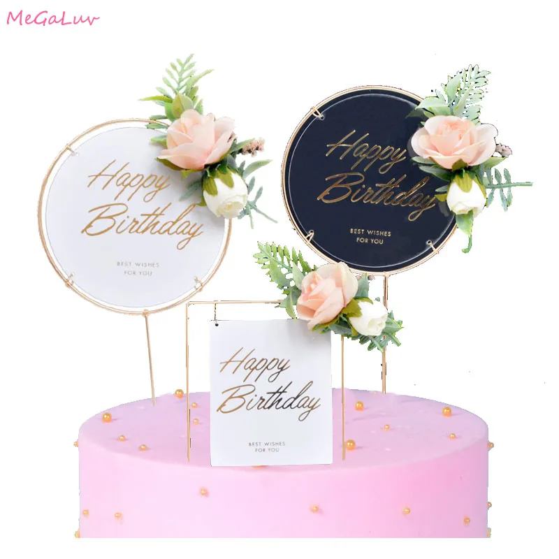 

1pc 10cmX 21cm Happy Birthday Acrylic Cake Toppers with Flower Mini Cake Toppers Birthday Party Baking Cake Decor Flags Toppers