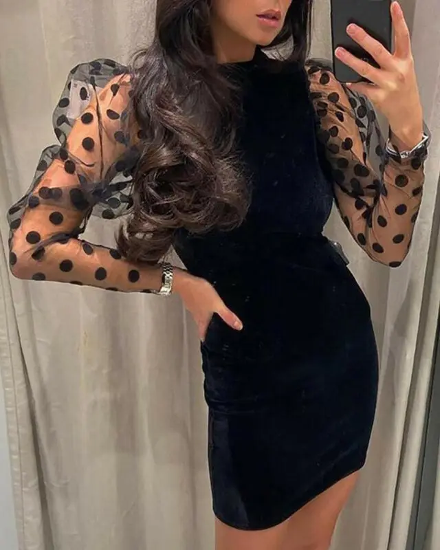 Женское модное прозрачное Сетчатое платье в горошек с длинным рукавом женское