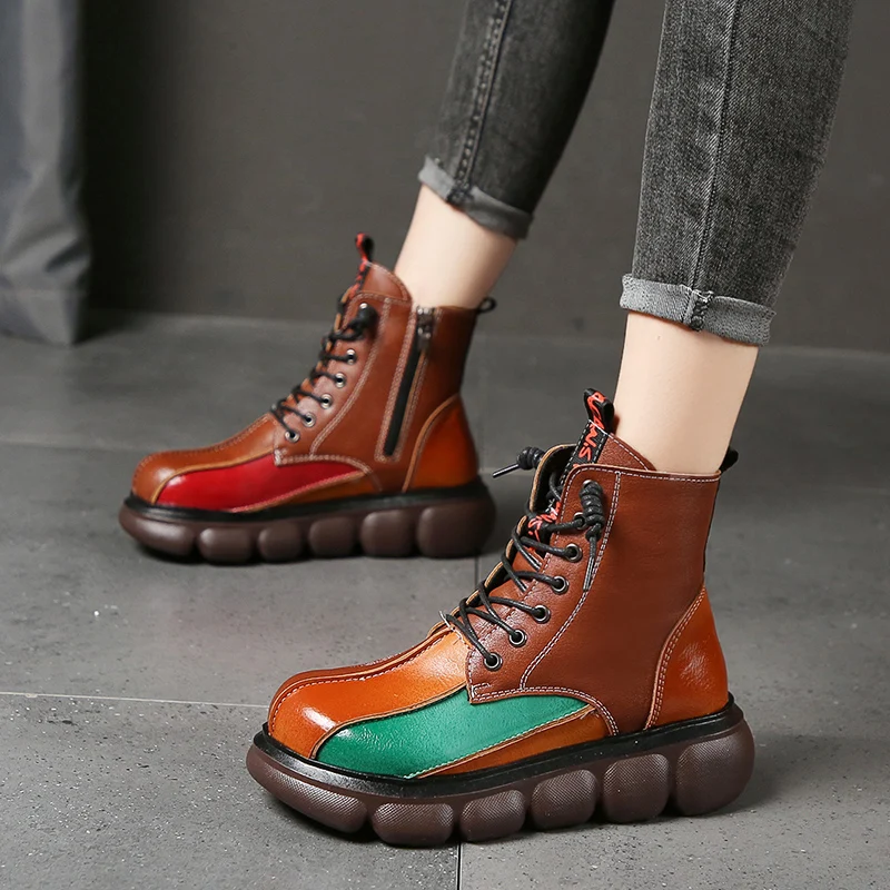 

Retro Patchwork Women Boots Autumn Winter Genuine Leather Martin Boots Lace Up Ankle Botas Casual Shoes Woman Botte Femme