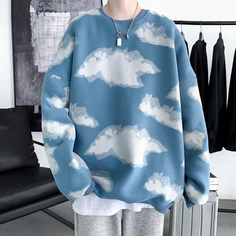 

Vintage printed sweatshirts men color matching o-neck clothes autumn winter Hong Kong style new fashion casual loose sweatshirt