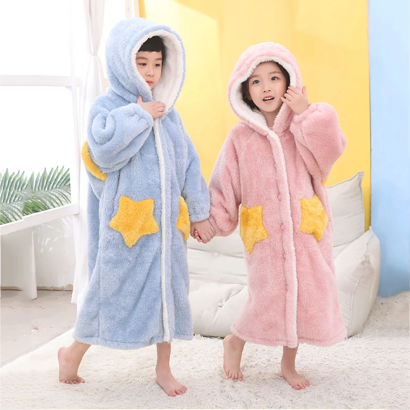Kids Flannel Bathrobe Shower Girl Coral Fleece Pajamas Sleepwear Baby Boy Winter Hooded Towel Robes Teens Pyjamas Warm Nightgown