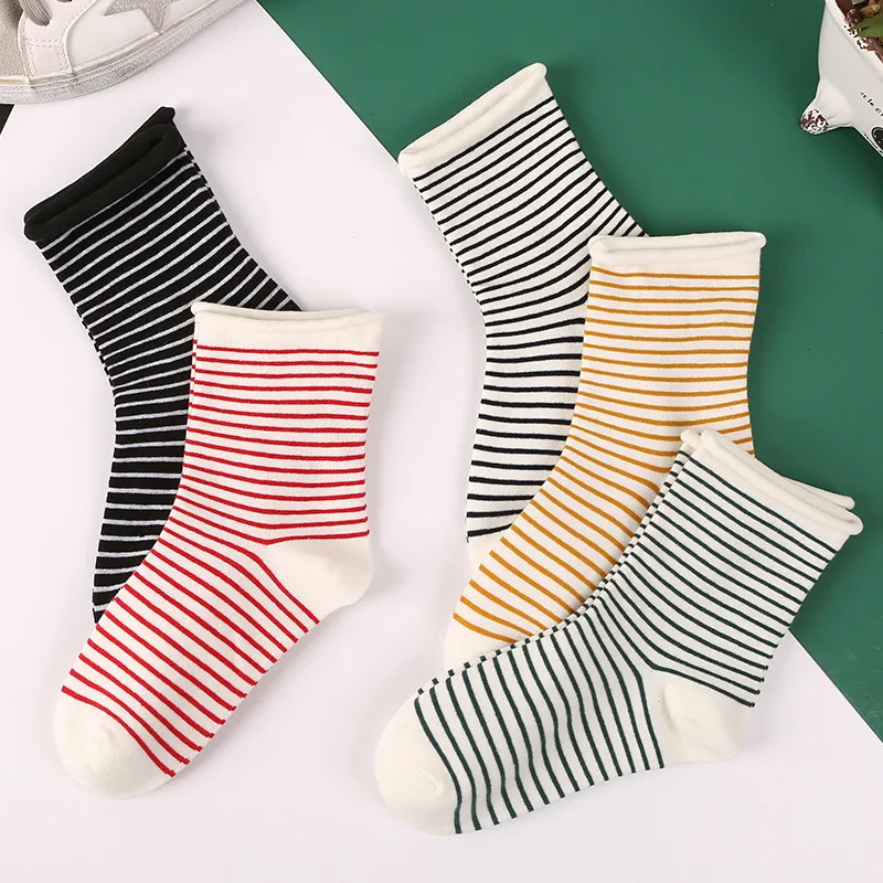 

Latest Style Color Pinstripe Curling Pure Cotton Loose Mouth Women's Socks Comfortable, Breathable and Anti Friction Socks