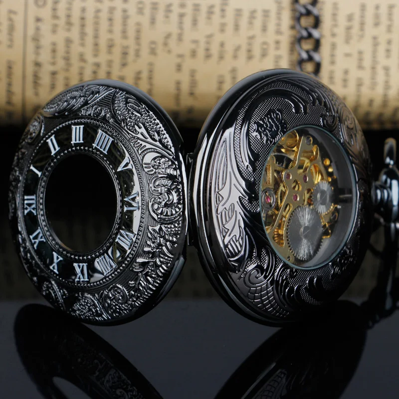 Antique Black Hand Wind Mechanical Pocket Watch Men Necklace Fob Pocket Watch for Men zuster klokje relogio de PJX1215