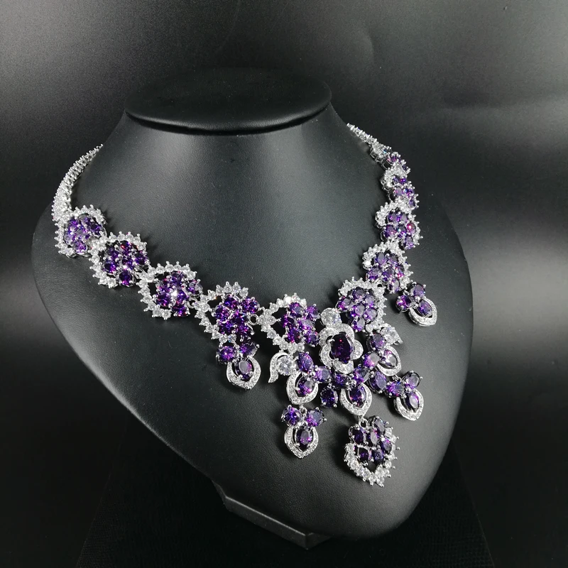 2019 Новая мода романтические фиолетовые цветы циркон ожерелье серьги набор