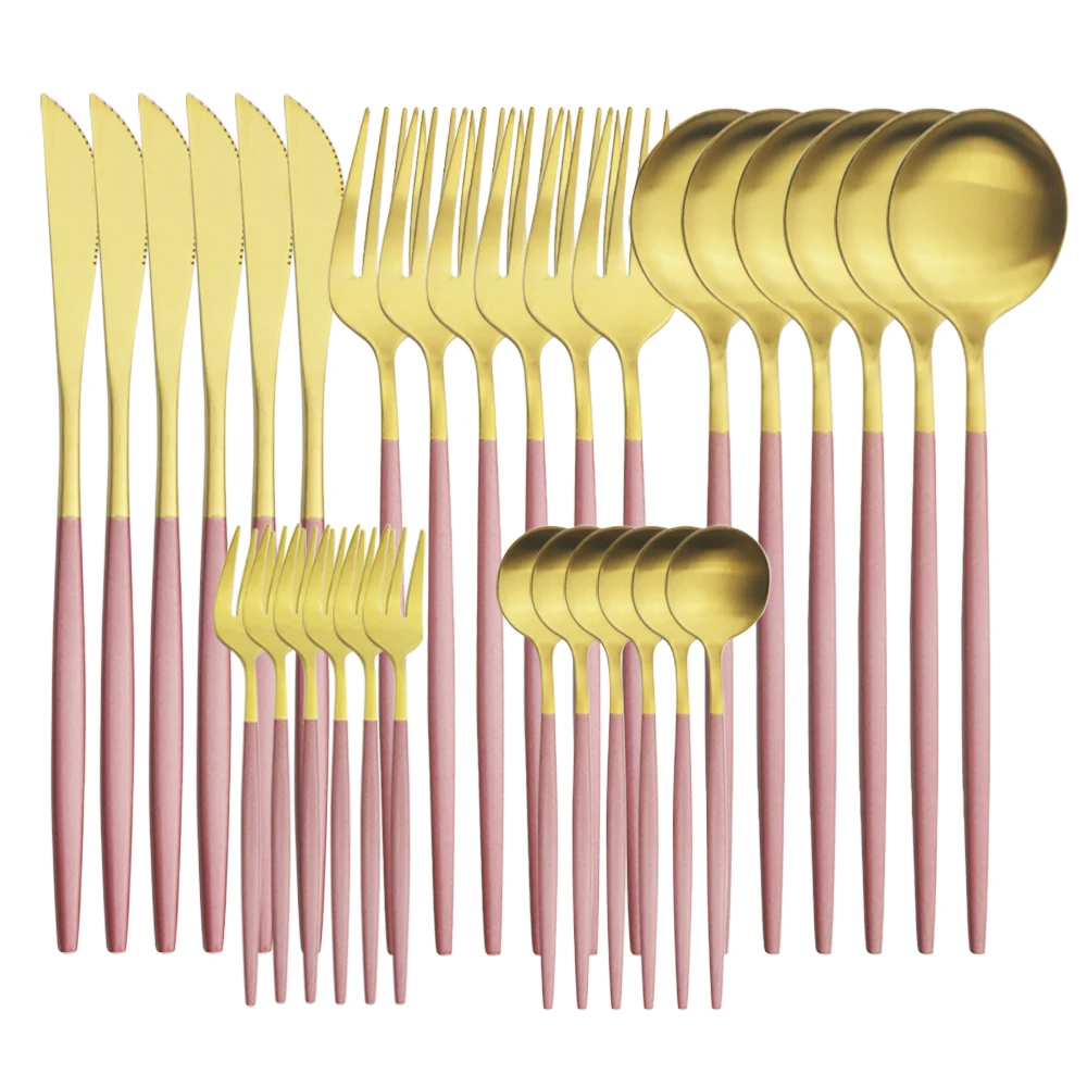 

Dinnerware 30Pcs Matte Stainless Steel Cutlery Set Pink Gold Knives Fork Coffee Spoons Silverware Kitchen Party Dinner Tableware