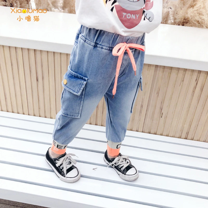 

2020 New Boy Girls Jeans Gray Denim Pants for Kids Trousers Toddler Clothing Elastic Waist Boy Pencil Pants 3-8T Boy Jeans