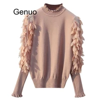 ruffled collar knitted women sweater spring autumn loose jumper fashion flowers sleeves sweater and pullover femme pull