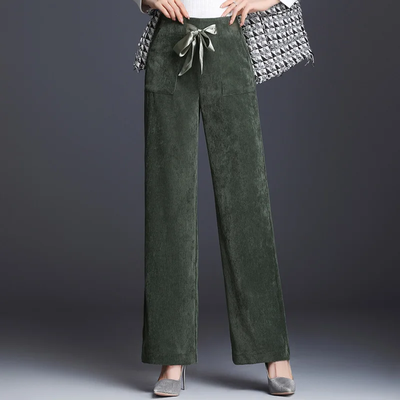 Вельветовые прямые брюки для женщин большие размеры Новая мода сезон осень весна