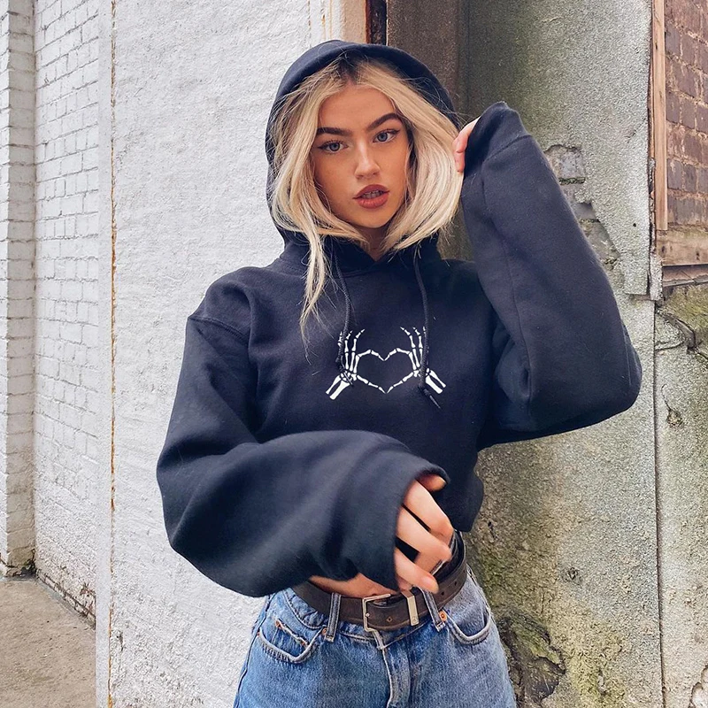 

Womens Long Sleeve Hooded Pullover Fashion Heart Printed Exposed Navel Sweatshirt Autumn Streetwear Crop Tops