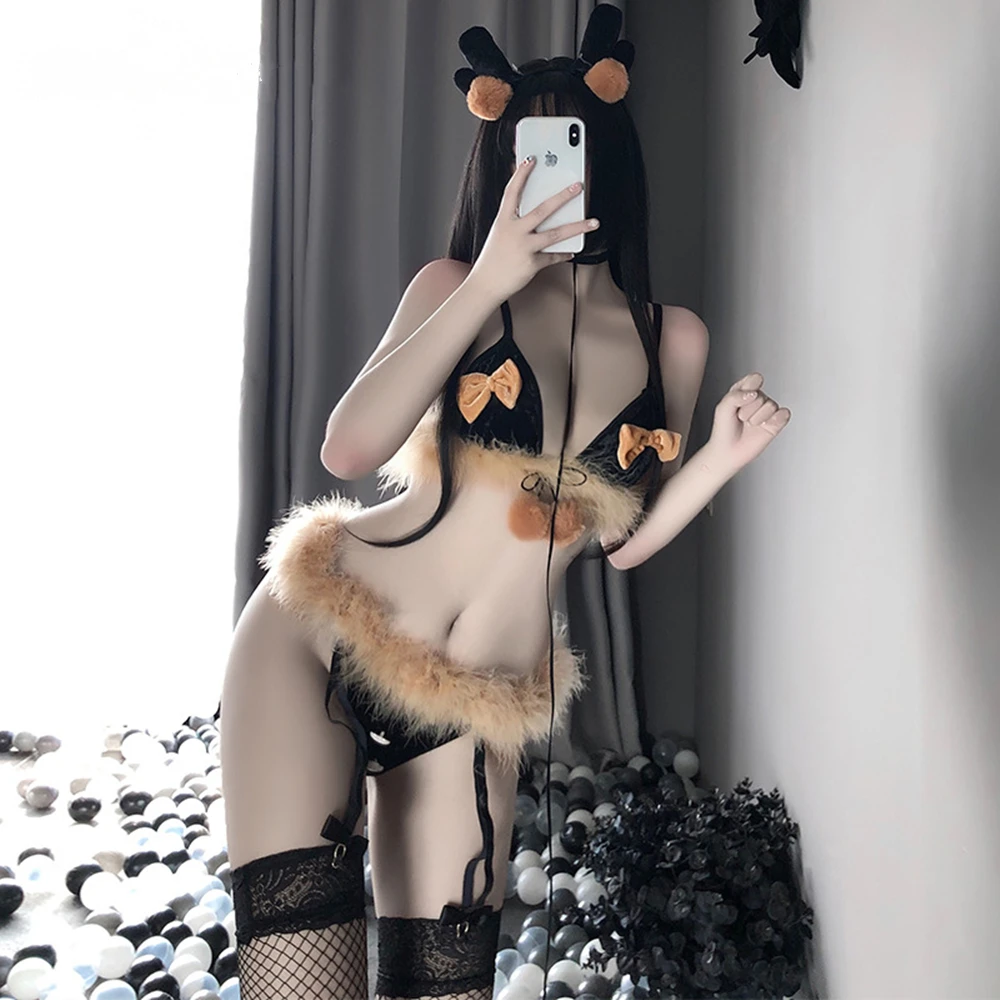 

Sexy Elk Uniform Cosplay Costume Plush Bowknot Deep V Lingerie Cute Accessory Garter Bandage Underwear Christmas Hallowmas Gift