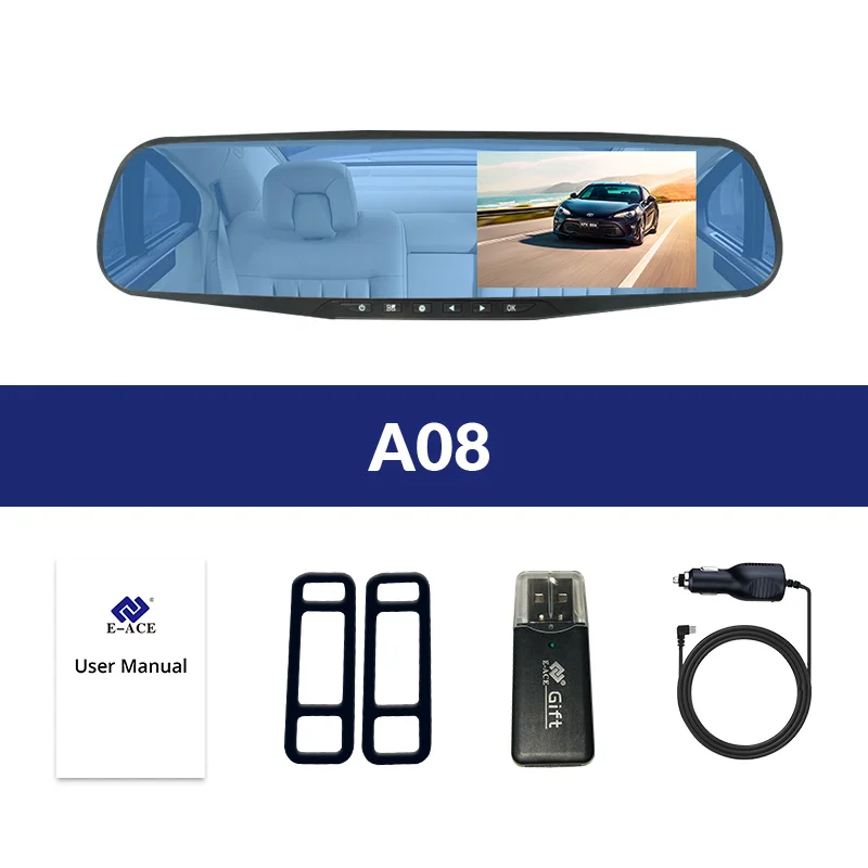 E-ACE Full HD 1080 P Автомобильный видеорегистратор Камера Авто 4.3 дюймов Зеркало заднего вида цифрового видео Регистраторы объектив registrat видеокамера - Название цвета: A08