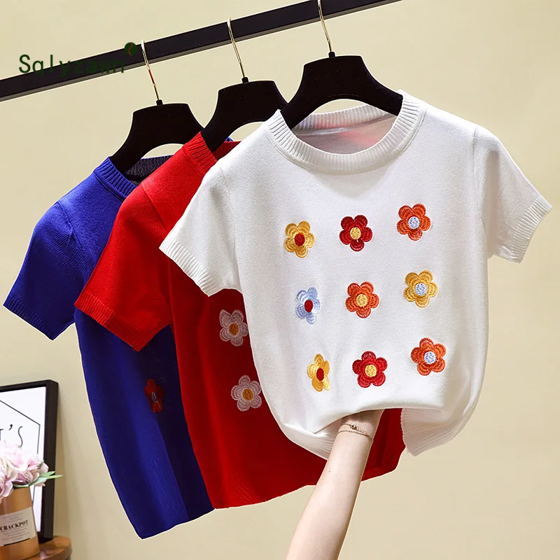 Женский свитер пуловер Тонкий Трикотажный Хлопковый топ с вышивкой и цветочным