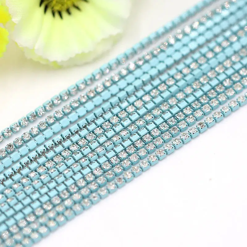 Crystal glass Rhinestone Chain with Colorful bottom sew on stone Cup Chain Gule on Rhinestone Trim DIY  Accessories