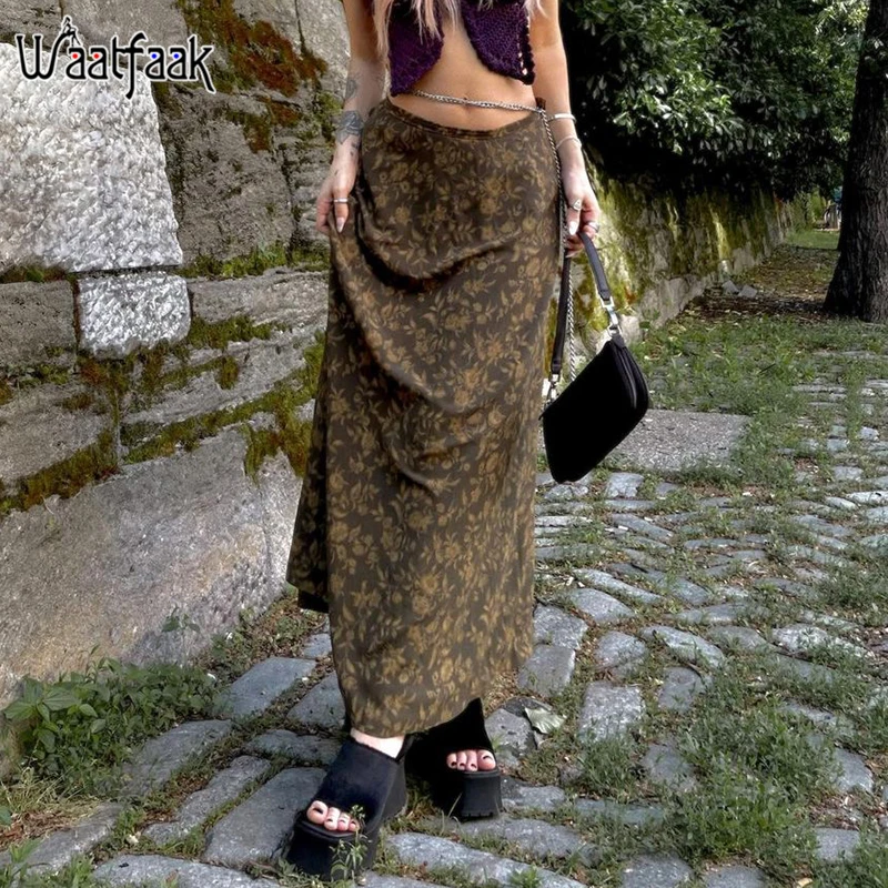 

Женская Юбка-миди Waatfaak, коричневая готическая юбка с цветочным принтом и высокой талией, Y2K, Harakuku