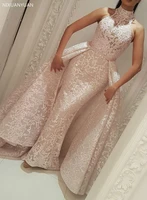 muslim evening dresses 2021 mermaid high neck detachable skirt lace islamic dubai kaftan saudi arabic long evening gown prom