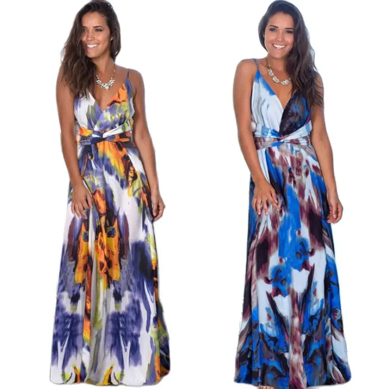 2021 Multicolor Tropical Jungle Leaf Boho Long Dress Sling Cross Back Women V neck Party Night Elegant Sexy Maxi Summer Dresses | Женская