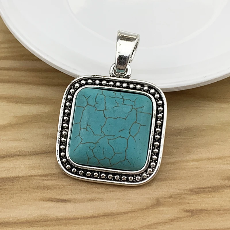 

1 Piece Large Square & Faux Turquoise Stone Tibetan Silver Charms Pendants for Necklace Jewellery Making Findings 52x35mm