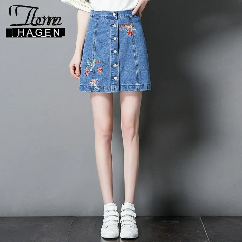 

High Waisted Embroidered Denim Skirt for Women Button Straight Skirt Office Lady Elegant Knee Length Skirt Women Harajuku Skirts