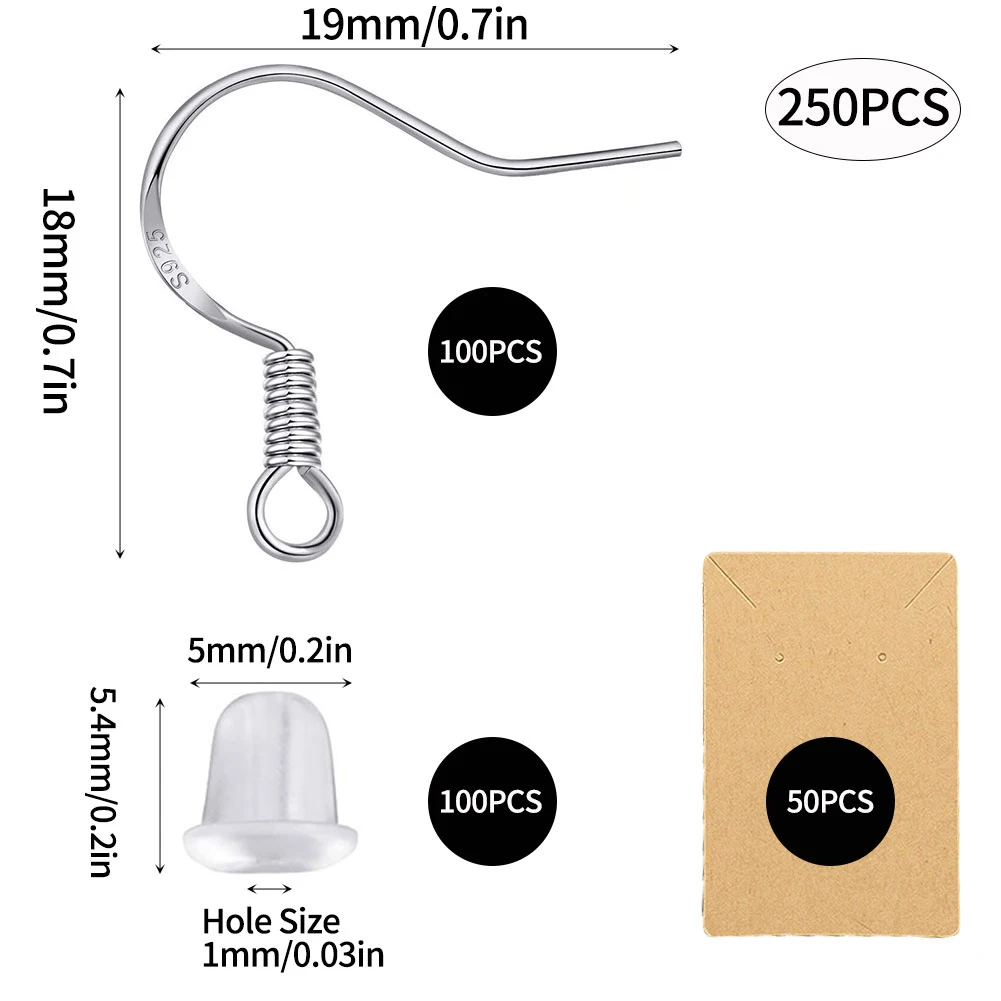 

Earring Hook Set DIY Jewelry Making Kit with 925 Sterling Silver Ear Wires Rubber Earring Backs for DIY Jewellery Making 250PCS