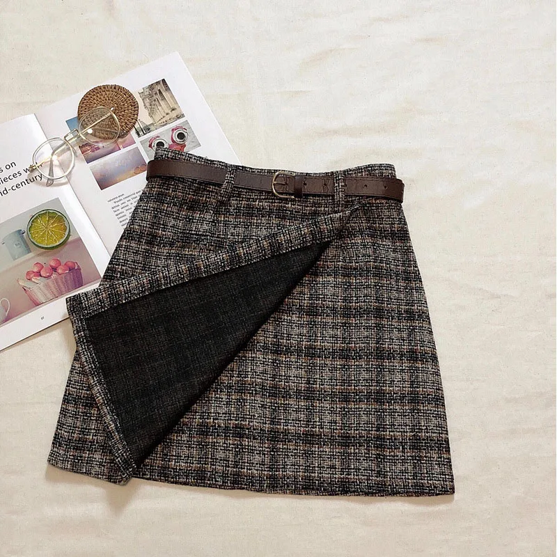 

Vintage Plaid Mini Skirt Women Belt High Waist A-line Irregular Lady Skirt Female Anti Light Autumn Winter Casual Women Skirts
