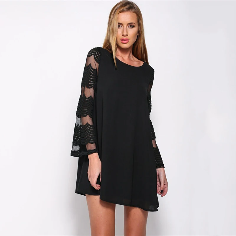 

Summer Women Casual Loose Dress NEW Elegant Dresses Women Fashion Hollow Out Mesh Long Sleeve Chiffon Dress Vestidos Plus Size