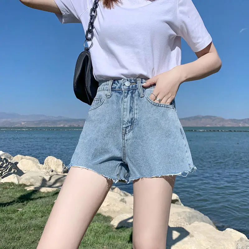 

Light color denim shorts women's high waist new loose and thin A-line pants in summer 2021