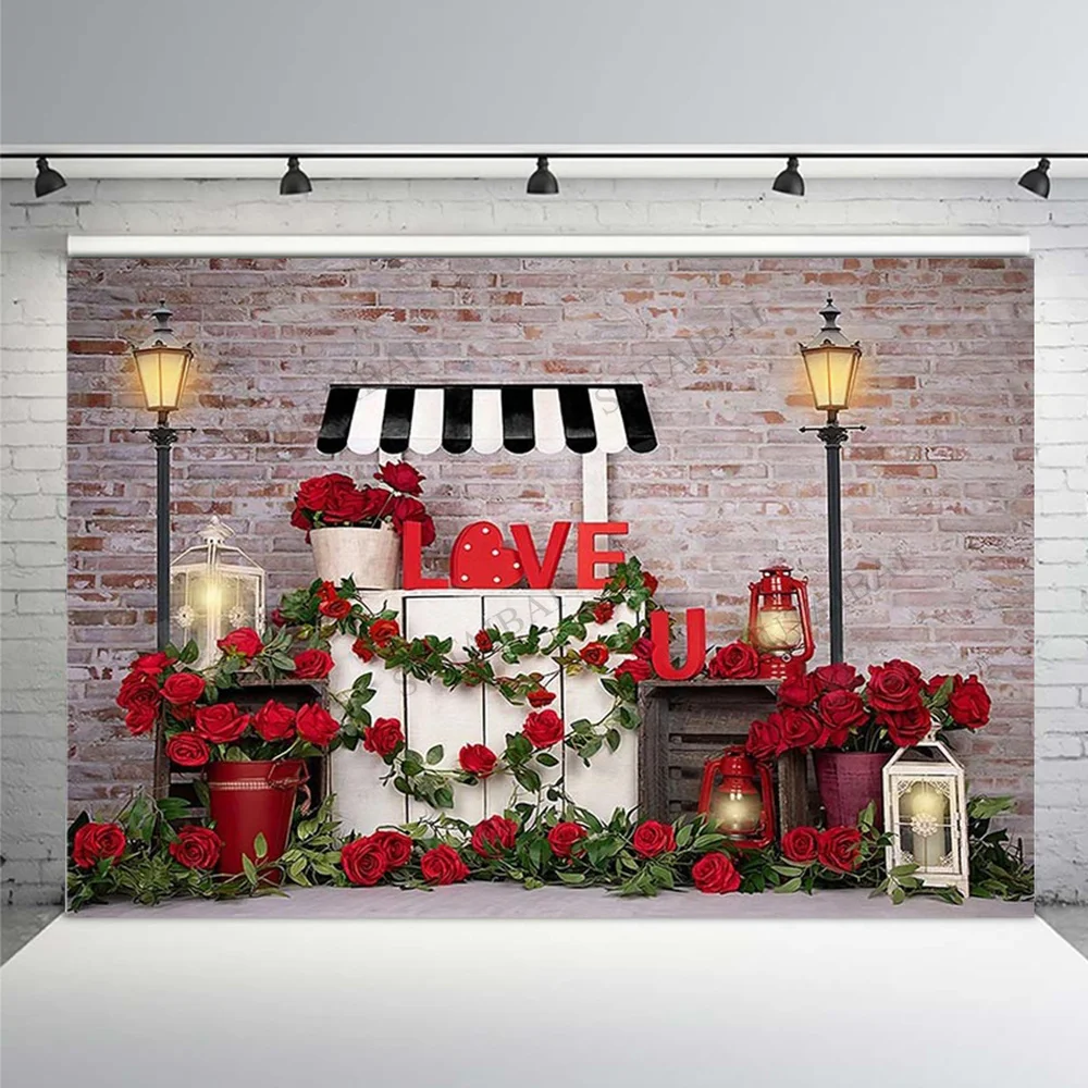 

Valentines Day Background Child Photo Booth Backdrops Love Rose Flowers Hearts Street Light Photography Studio Brick Wall Decor