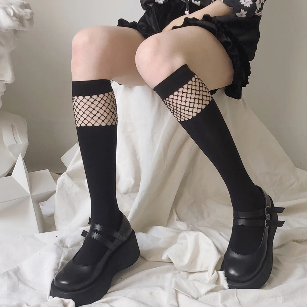 

New Black White Middle Tube Mesh Velvet Leg Socks JK Cosplay Costumes Accessories Uniform Dark Girl Fashion Fishnet Stockings