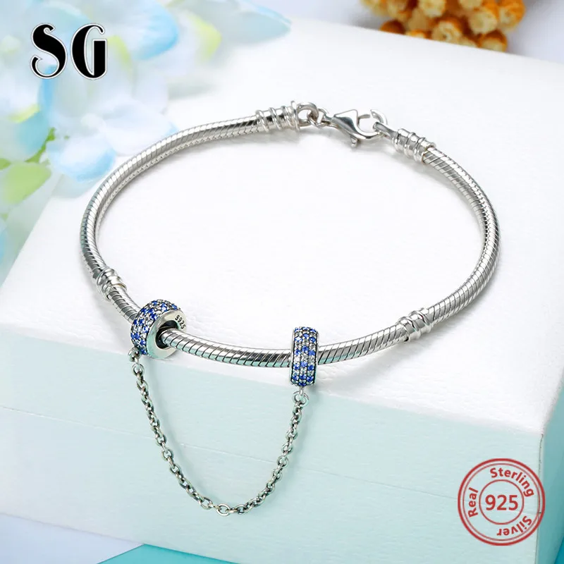 SG Аутентичные 925 пробы серебряные сверкающие безопасные цепочки Подвески бусины с прозрачным CZ Подходит браслет для женщин модные украшения