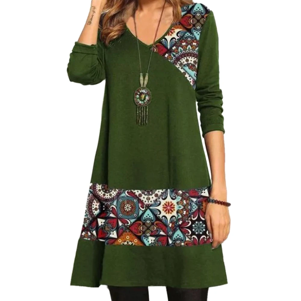 

VICABO Woman Dress Plus Size V Neck Patchwork Dress Printed Vesidos Long Sleeve Pullover Female Dresses Vintege Robe