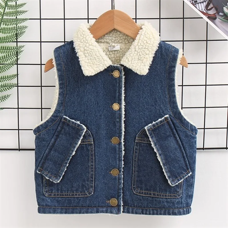 

Children's Fleece Denim Vest Blue Single-breasted Wool Blend Jacket Slim-fit Formal Wear Winter Boy and Girls Thick Denim Jacket