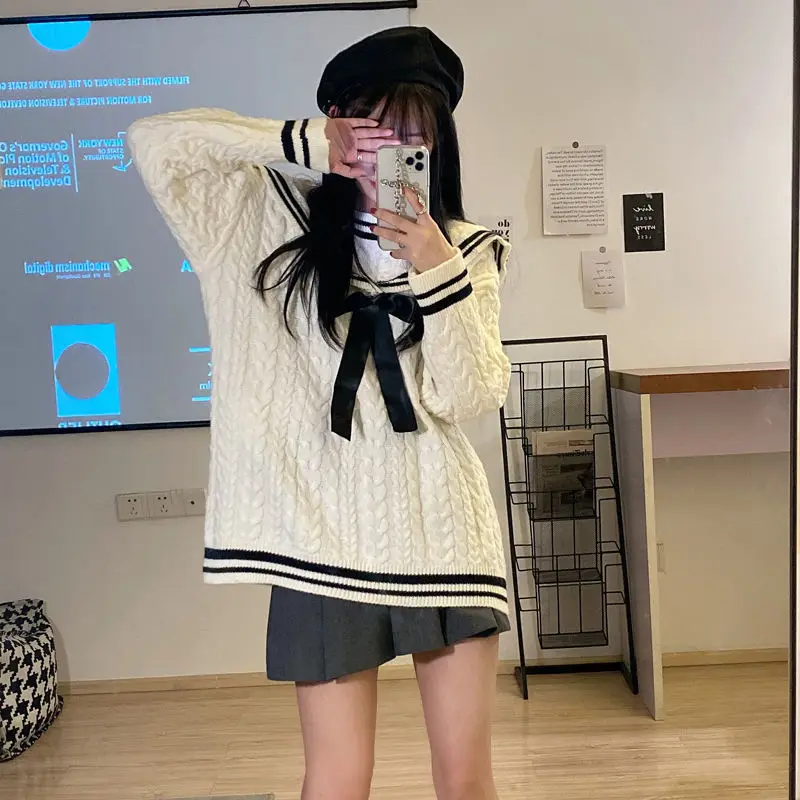 

Skirts Sets Women Sweet Leisure Sailor Collar Bow Fashion Daily Pullover Sweaters Pleated Skirt oversize 4XL High Waist