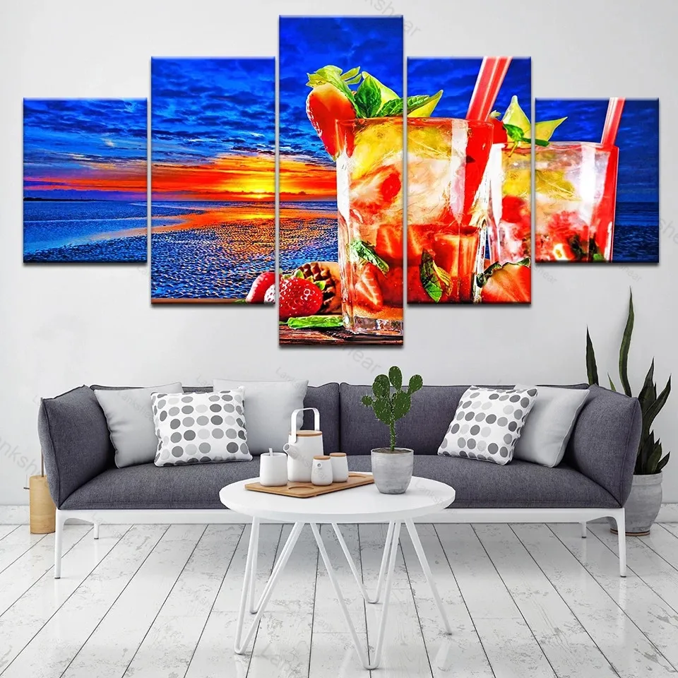 

Canvas Art Modular Framewor Wall 5 Panel Sunset Poster Fruit Tea Pictures for Living Room Print Paintings Kitchen Decor Artwork