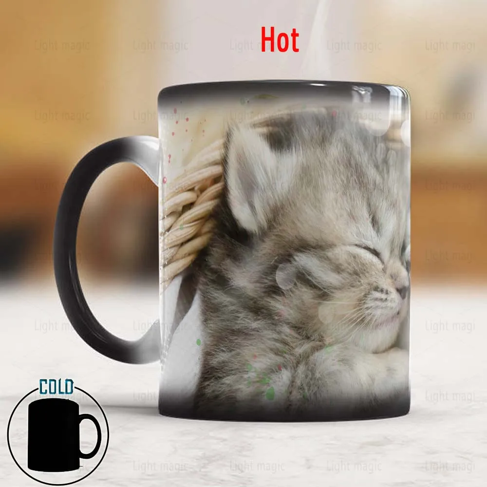 Taza de café con cambio de calor para gato pequeño, taza de gatito que cambia de Color de cerámica de 11oz, taza de cumpleaños para niñas y amigos