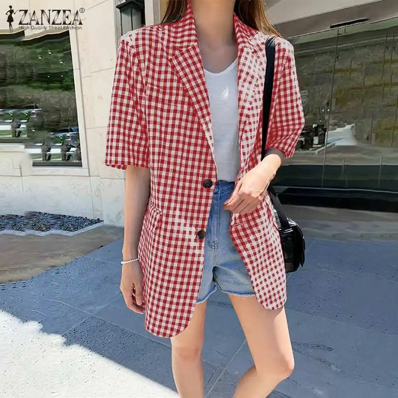 

Women's Blazers ZANZEA 2021 Stylish Check Coats Casual Long Sleeve Outwears Female Single Button Overcoats Plaid Tops