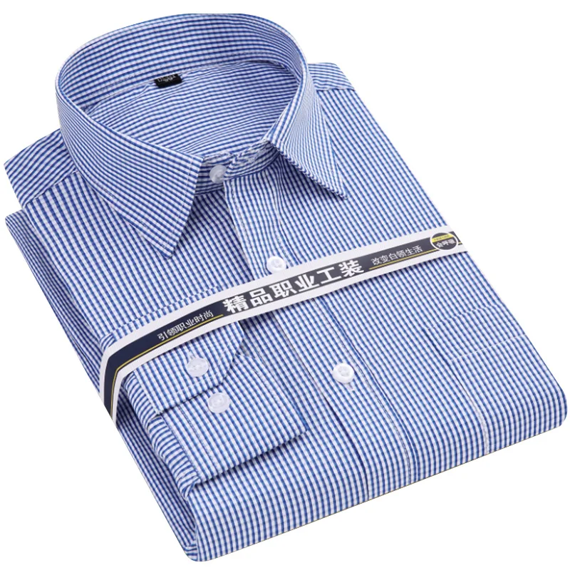 Light Blue Plaid Shirt For Men Long Sleeve Business Mens Dress Shirts Nice Pop Regular Fit Checked Male Clothing  Chest Pocket