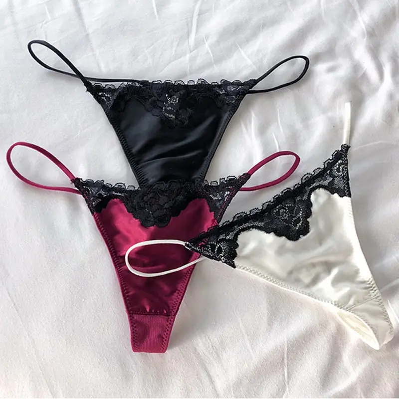 

Lace Satin Thong Sexy Underwear Hot Thin Low Waist Thin Belt Soft Panties Breathable High Elastic Seamless Briefs Plus Size