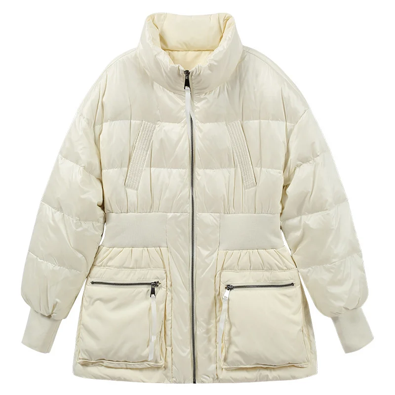 

Новинка 2021, Стильный блестящий свободный матовый пуховик с прострочкой, Модный женский пуховик средней длины с карманами и тонкой талией на...