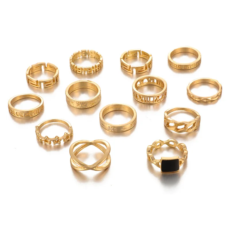 

13pcs/set Gold Alloy Geometric Element Letter Ring Star Totem Stripe Pattern Roman Numerals Cross Link Finger Ring for Women