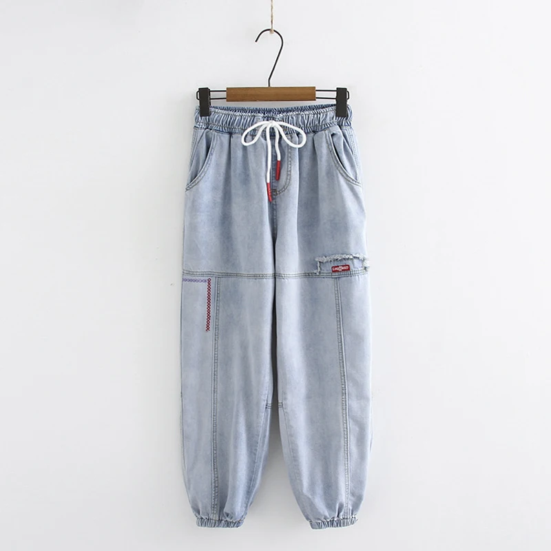 2019 Новинка Высокая талия брюки карго Вышивка джинсы для женщин плюс размер